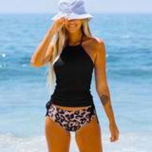 Large side drawstring black & leopard bathing suit